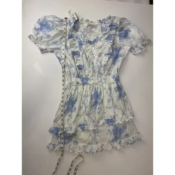 LoveShackFancy Blue & White Toile Ruffle Mini Dress Puff Sleeve Romantic Small - Picture 5 of 9